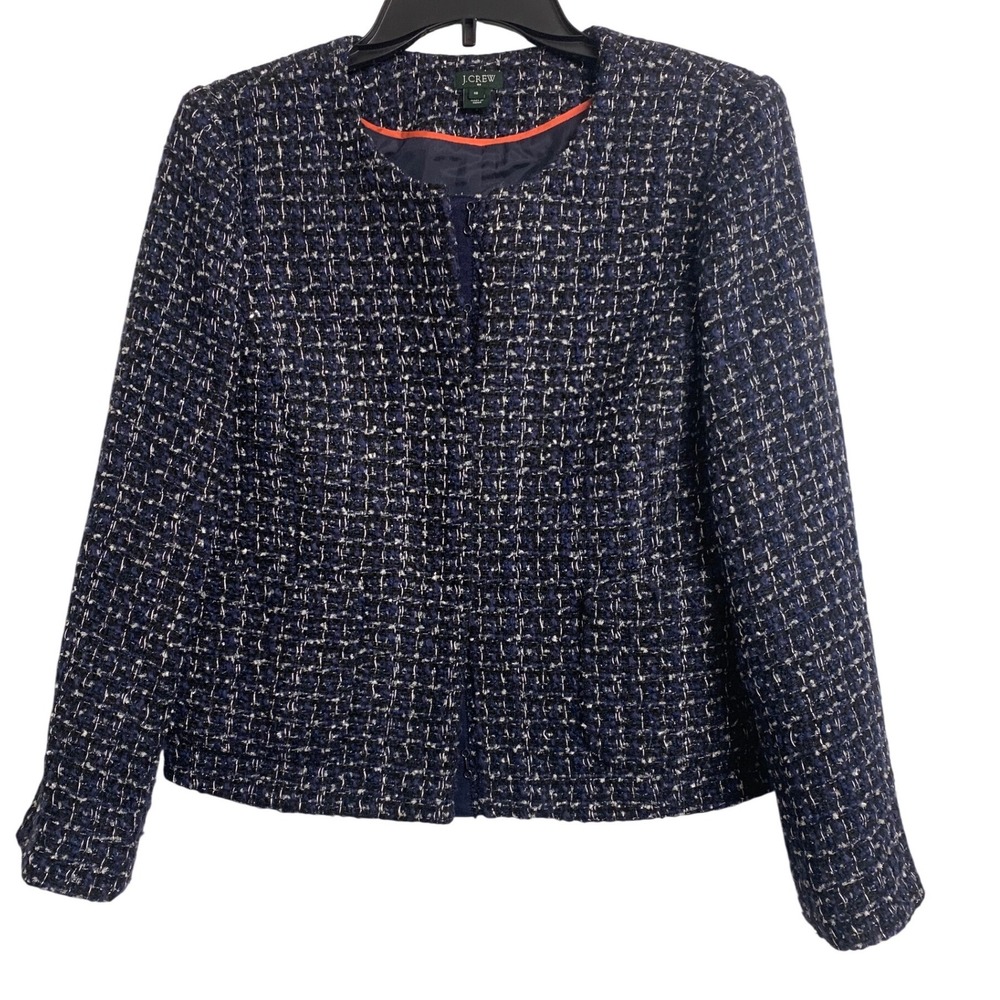 J.Crew Tweed Cropped Woven‎ Jacket Navy Blue Wool Blend Blazer  10